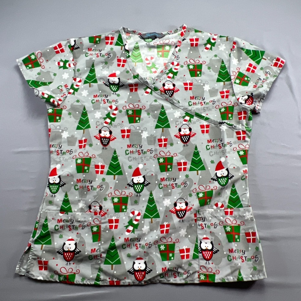 Serene Uniforms Scrub Top Womens Large Gray Christmas Trees & Owls Print Medical - Picture 1 of 10